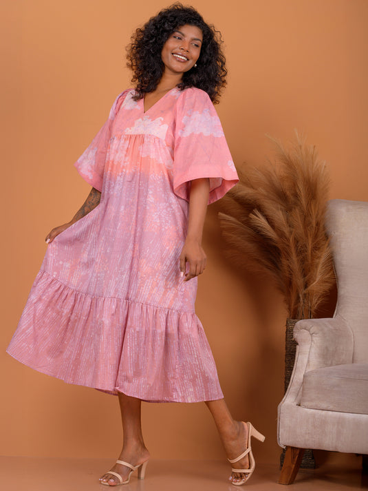 Batik midi dress detailed with bottom frill