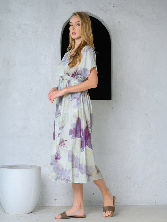 Kimono sleeve printed midi dress