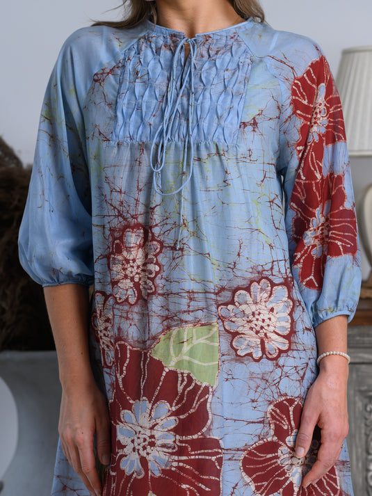 Batik puff sleeve dress detailed with pintuk front yoke