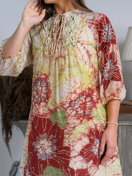 Batik puff sleeve dress detailed with pintuk front yoke