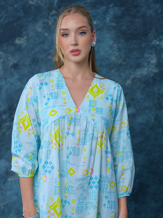 Printed V neck boho dress