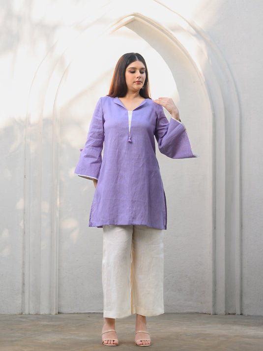 Premium linen kurtha top with contrast cuff & tassel detail