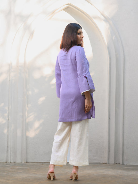 Premium linen kurtha top with contrast cuff & tassel detail