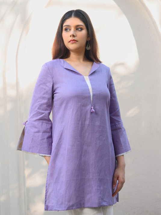 Premium linen kurtha top with contrast cuff & tassel detail