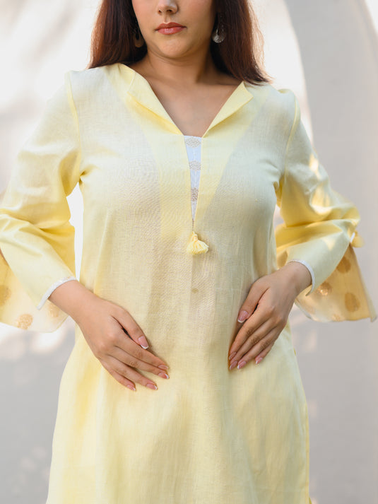 Premium linen kurtha top with contrast cuff & tassel detail
