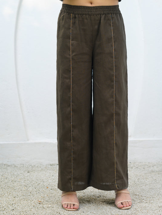 Premium linen elasticated waist pant with contrast piping detail