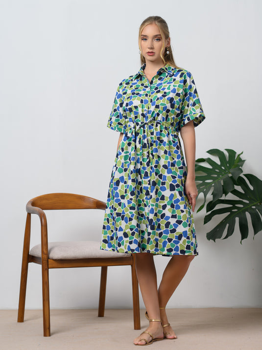 Printed dress with shirred waist