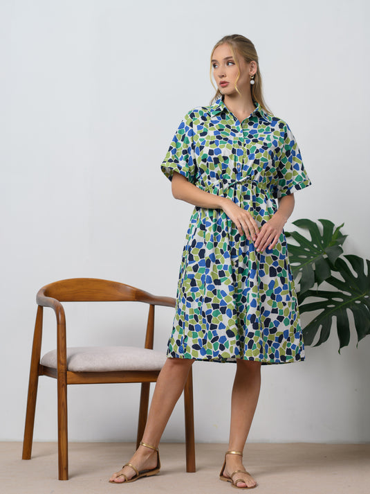 Printed dress with shirred waist