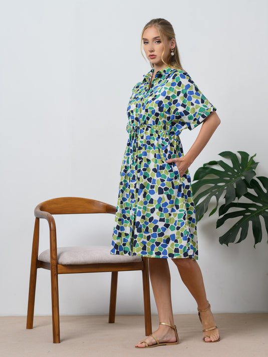 Printed dress with shirred waist