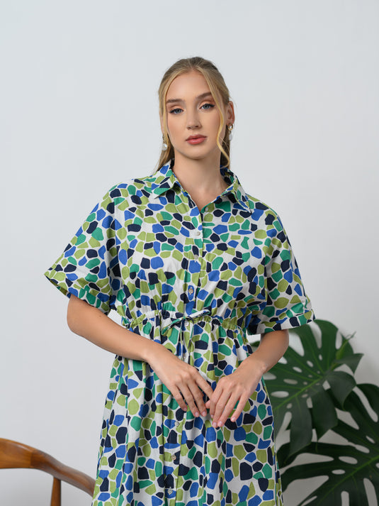 Printed dress with shirred waist