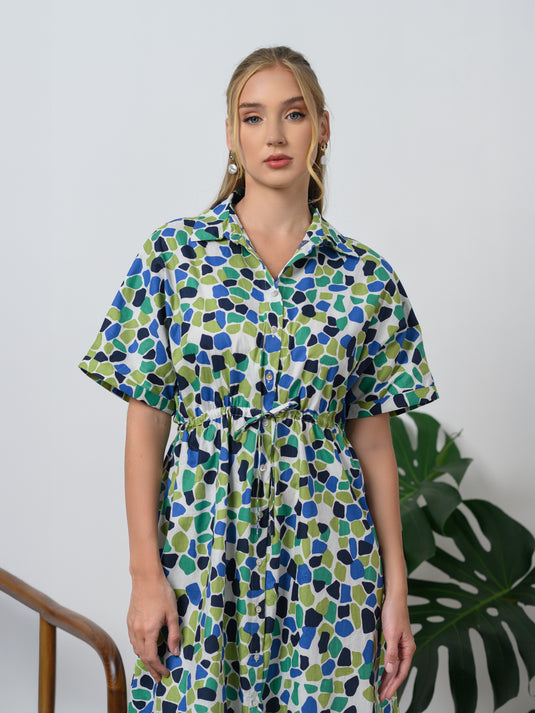 Printed dress with shirred waist