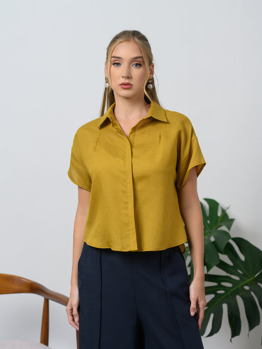 Button down crop top with front pleat