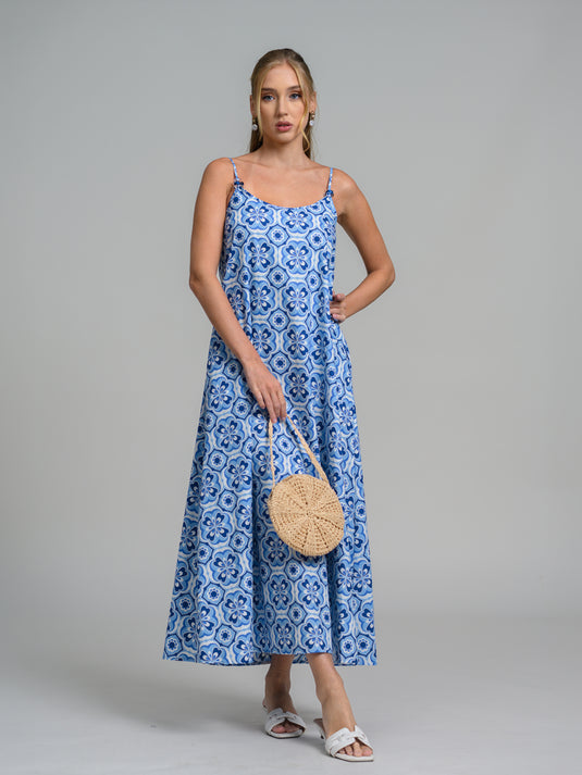 Bead detail printed strappy maxi dress