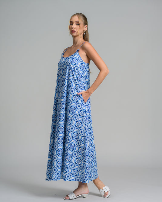 Bead detail printed strappy maxi dress