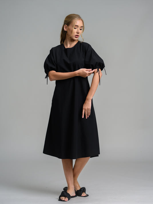 Midi dress with drawcord puff sleeve