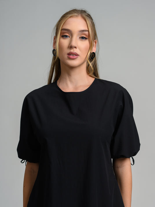 Midi dress with drawcord puff sleeve