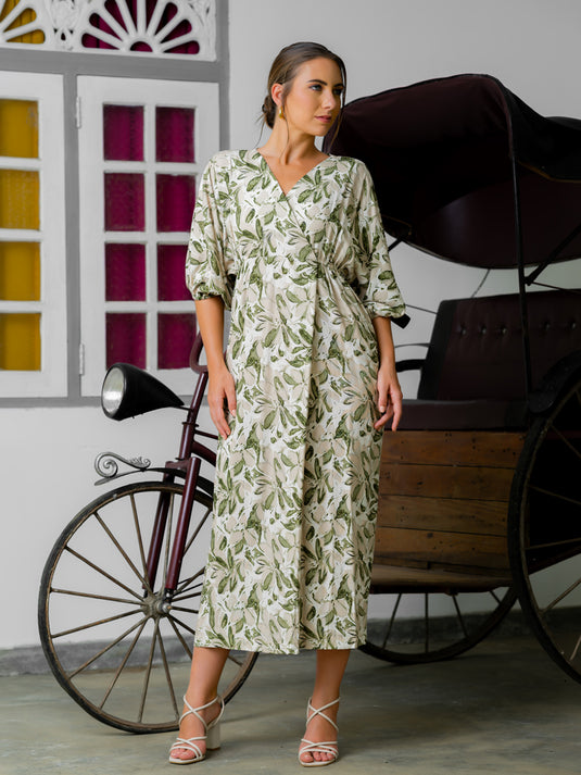 Printed midi dress with kimono sleeve