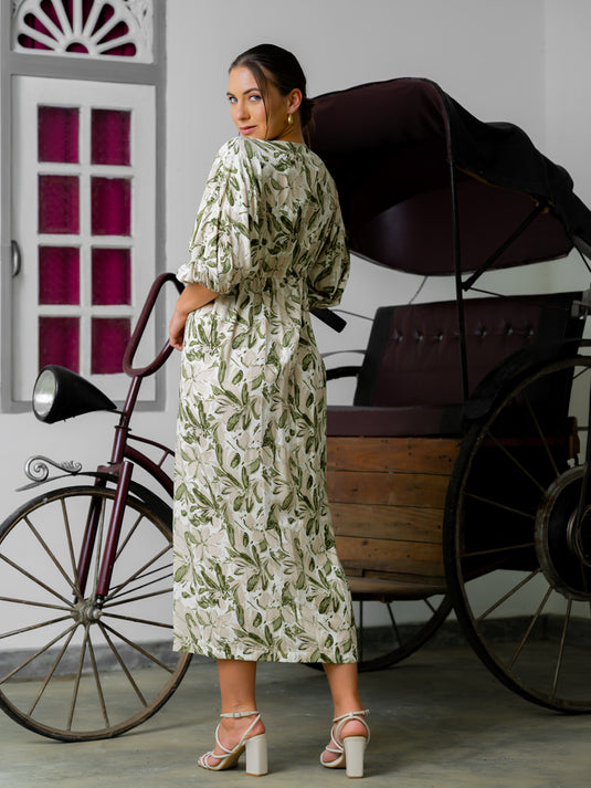 Printed midi dress with kimono sleeve