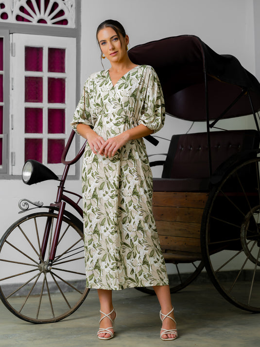 Printed midi dress with kimono sleeve