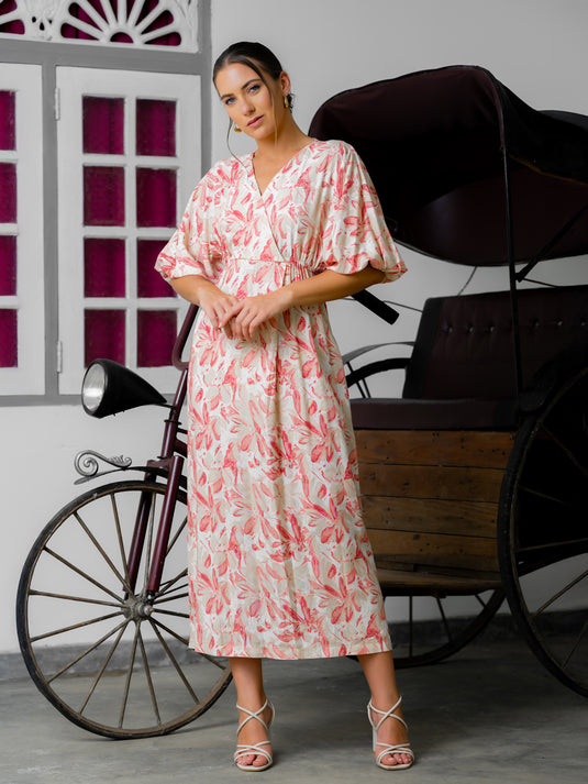 Printed midi dress with kimono sleeve