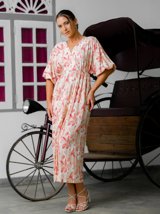 Printed midi dress with kimono sleeve