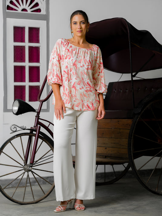 Printed round neck blouse with shirring