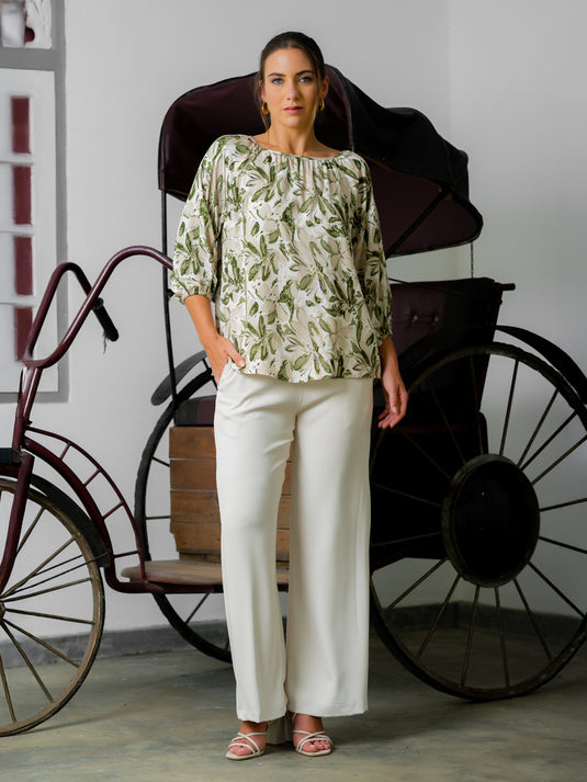 Printed round neck blouse with shirring