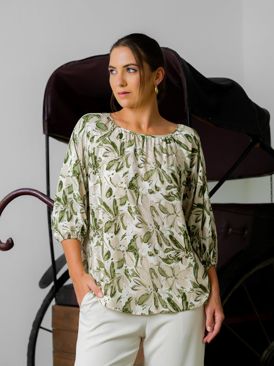 Printed round neck blouse with shirring