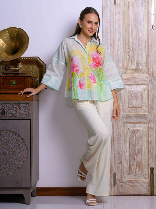 Bell sleeve long placket detailed floral batik top