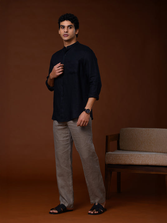 Linen Manderin Collar Long Sleeve Shirt