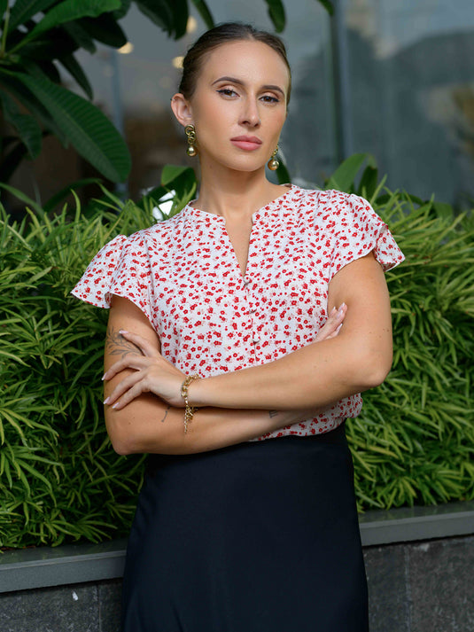 Printed short flared sleeve blouse