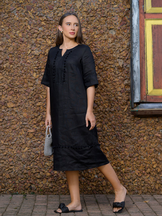 Pom pom lace detailed premium linen midi dress