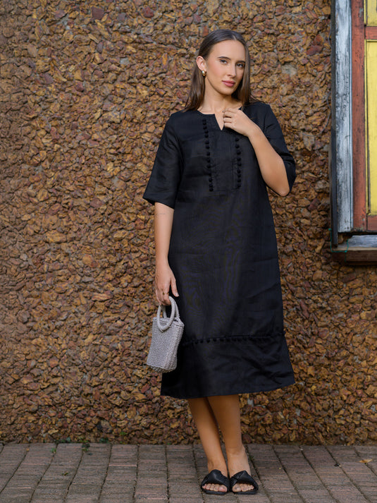 Pom pom lace detailed premium linen midi dress