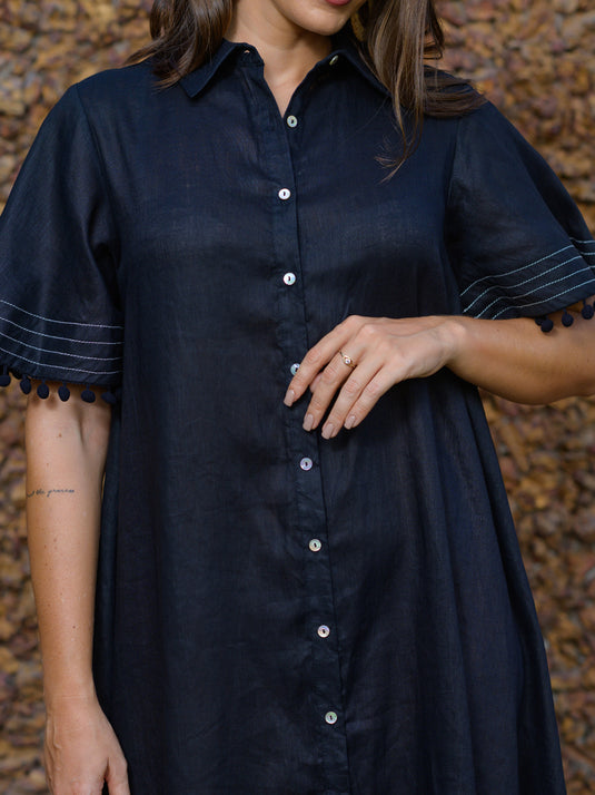 Contrast stitch detailed premium linen dress with pom pom lace