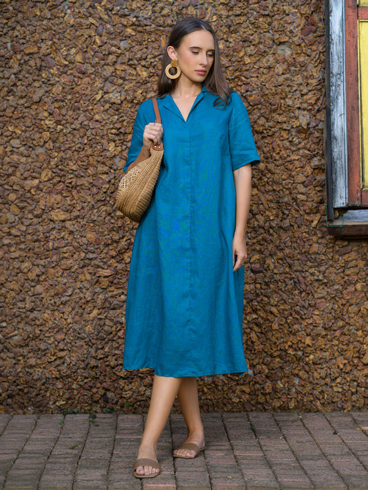 Premium linen midi dress with cuban collar