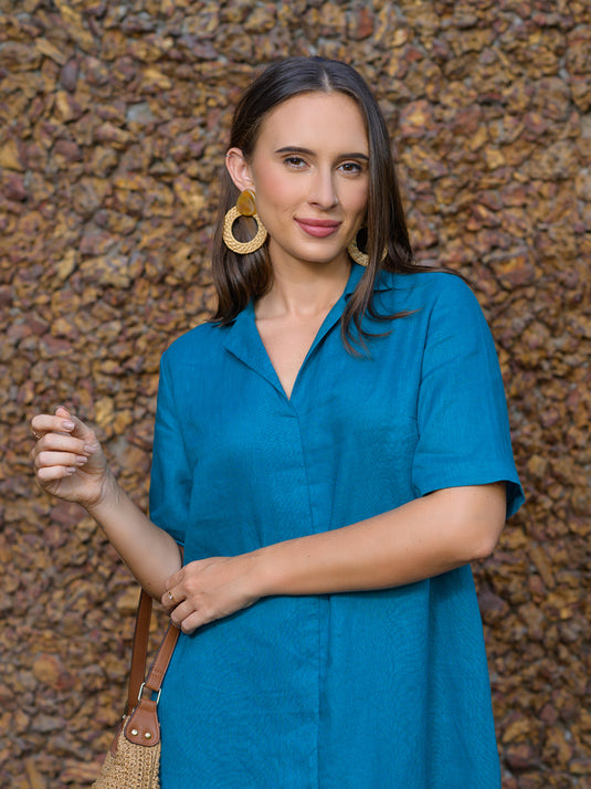 Premium linen midi dress with cuban collar