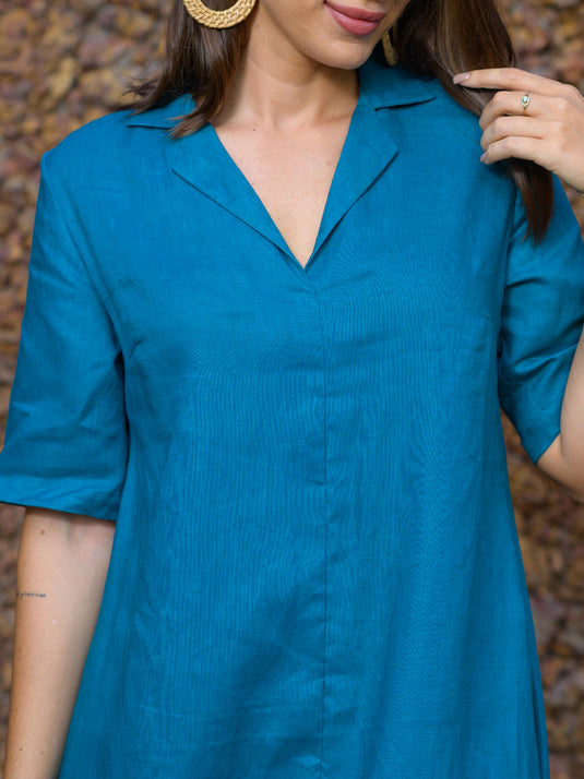 Premium linen midi dress with cuban collar