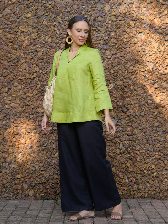 Long sleeve premium linen blouse with yoke