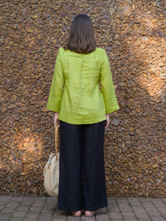 Long sleeve premium linen blouse with yoke