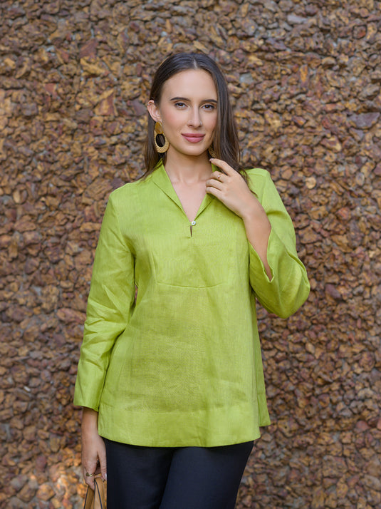 Long sleeve premium linen blouse with yoke