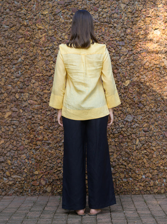 Long sleeve premium linen blouse with yoke