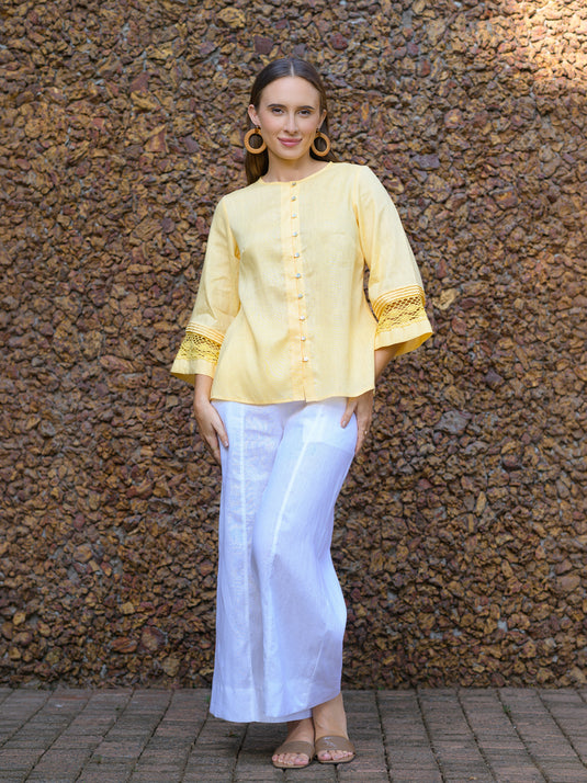 Button down premium linen blouse with lace & pin tuck details