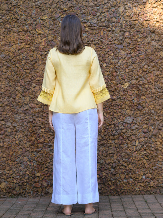 Button down premium linen blouse with lace & pin tuck details