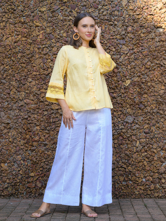 Button down premium linen blouse with lace & pin tuck details