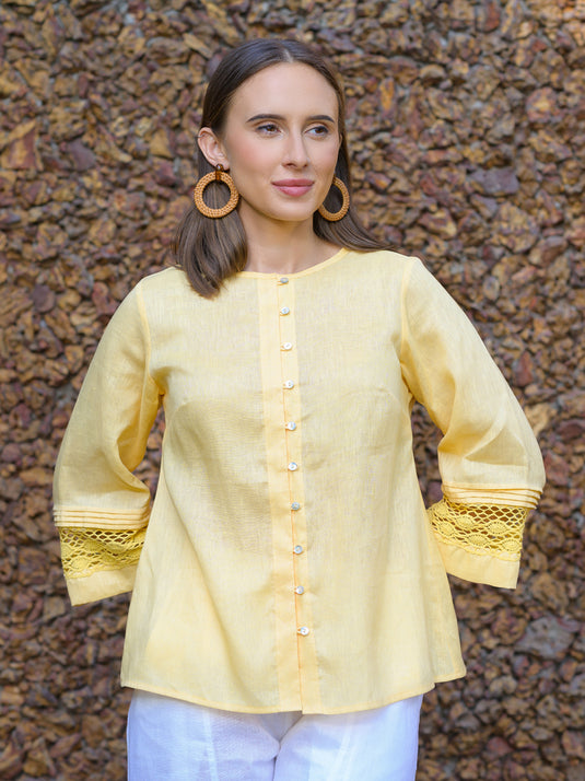 Button down premium linen blouse with lace & pin tuck details