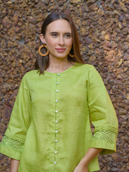 Button down premium linen blouse with lace & pin tuck details