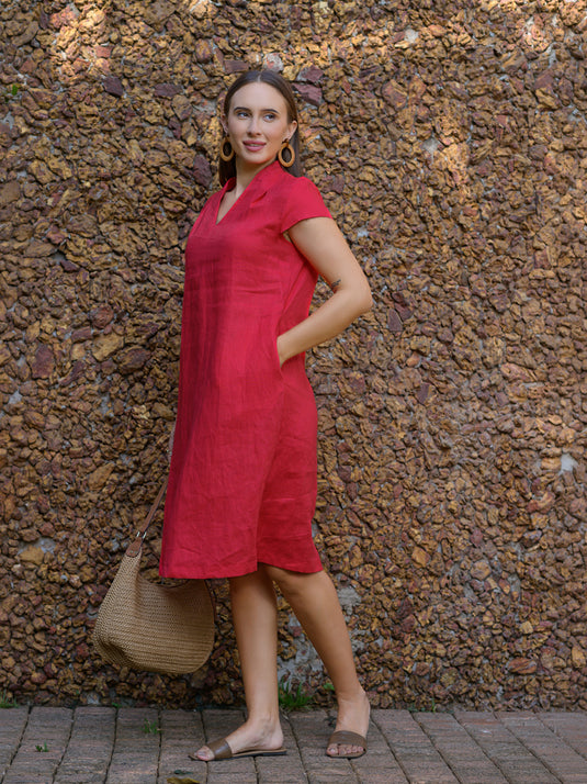 V neck premium linen dress with cap sleeves