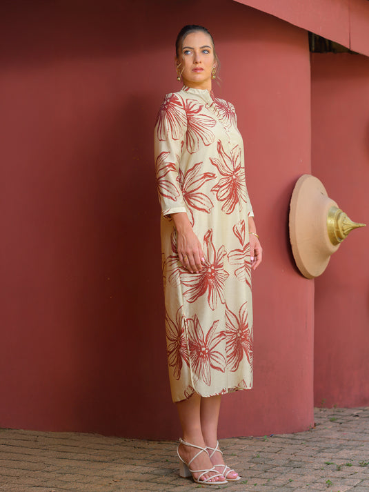 Printed midi dress with mandarin collar