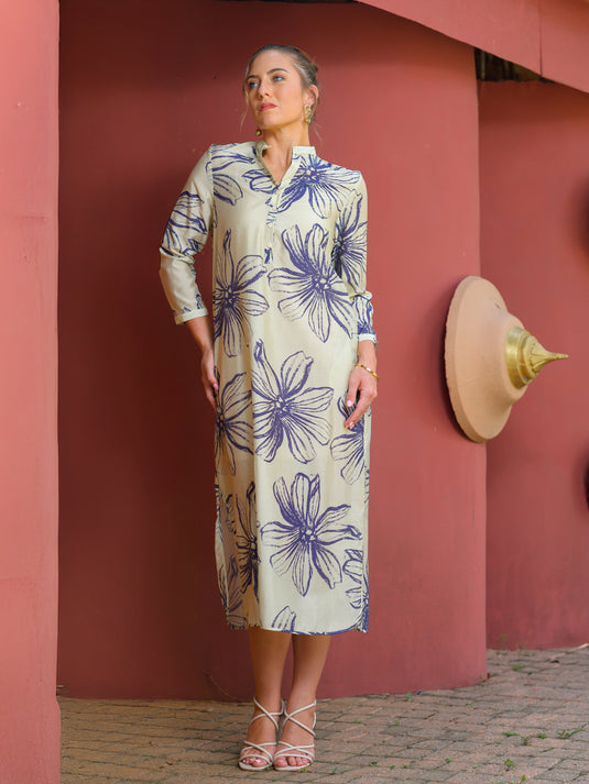 Printed midi dress with mandarin collar