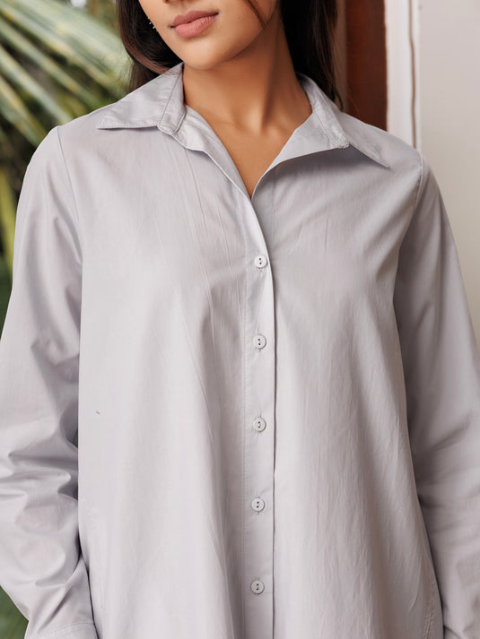 Long sleeve button down trapeze dress